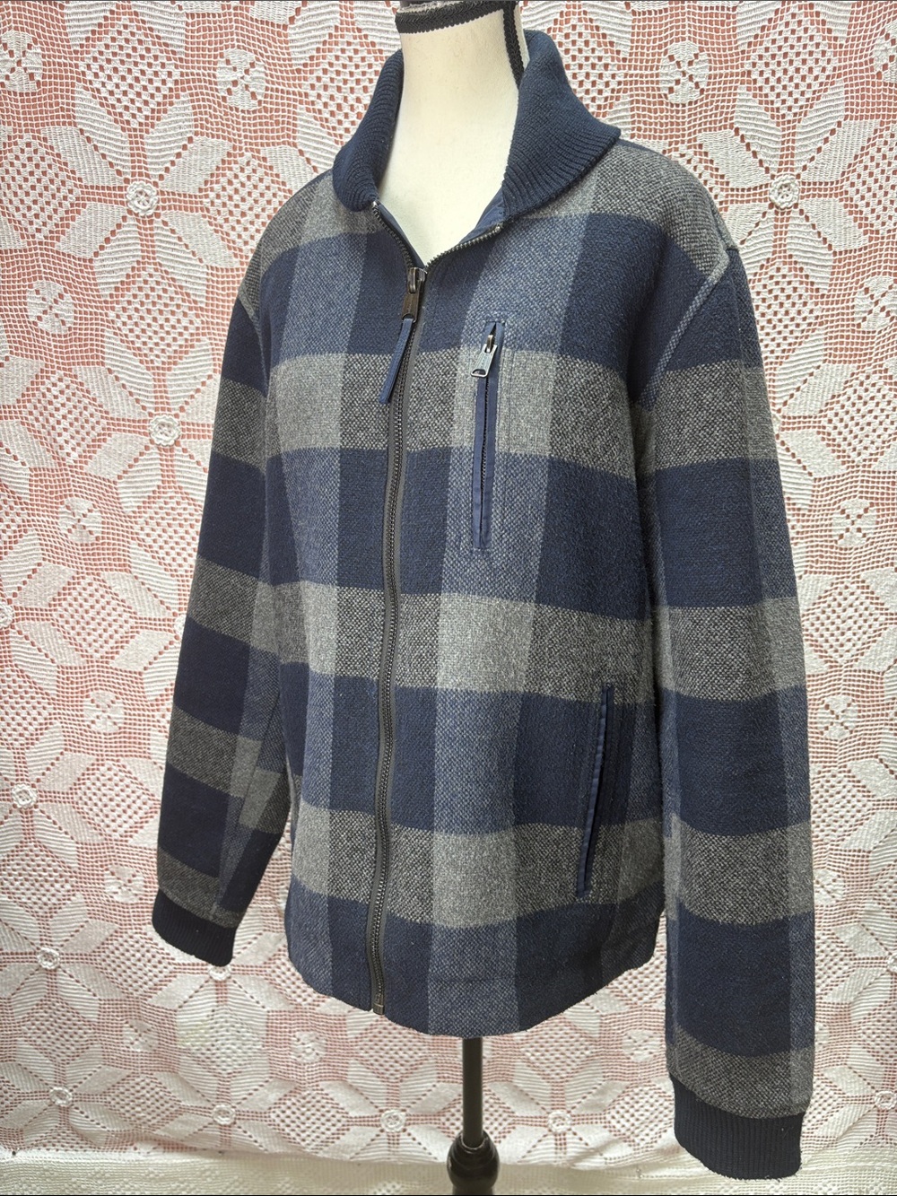 Lucky Brand Blue & Grey Plaid Wool Blend Jacket L